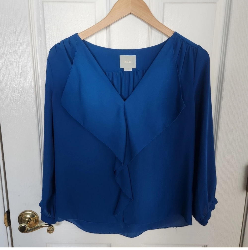 Maeve‎ Anthropologie Parted Ruffle Blouse Womens Blue V Neck 3/4 Sleeve Top Sz 4